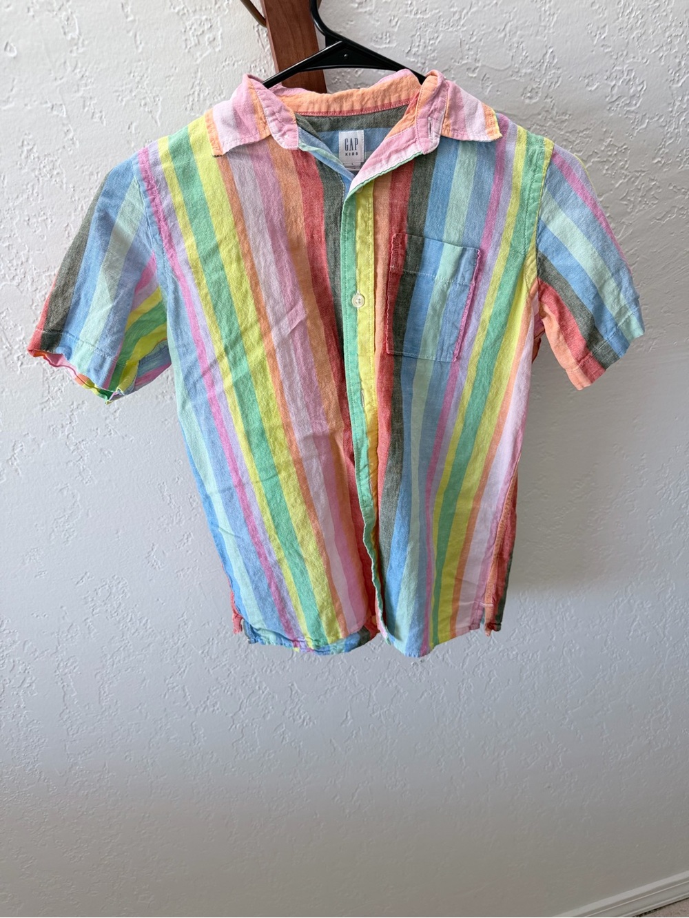 GAP Rainbow Stripe Short Sleeve Button-Up Shirt - Pink, Yellow, Green, Blue